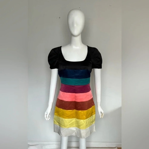Loafavarra Women colorful Stripped Bell Sleeves Open Back Cocktail Dress Sz 6/ S - Picture 1 of 10